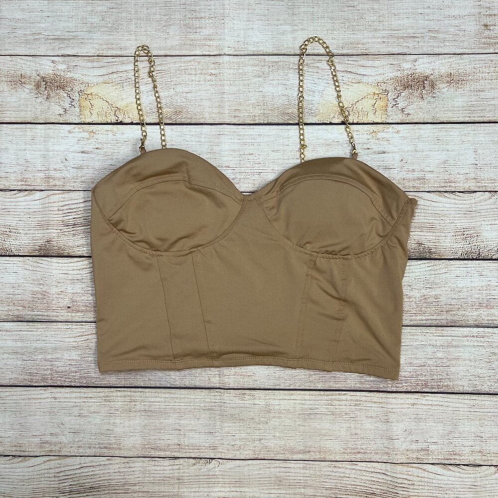 Julia Love By J Tan Nude Bustier Crop‎ Top XL Gold Chain Straps Corset Style
